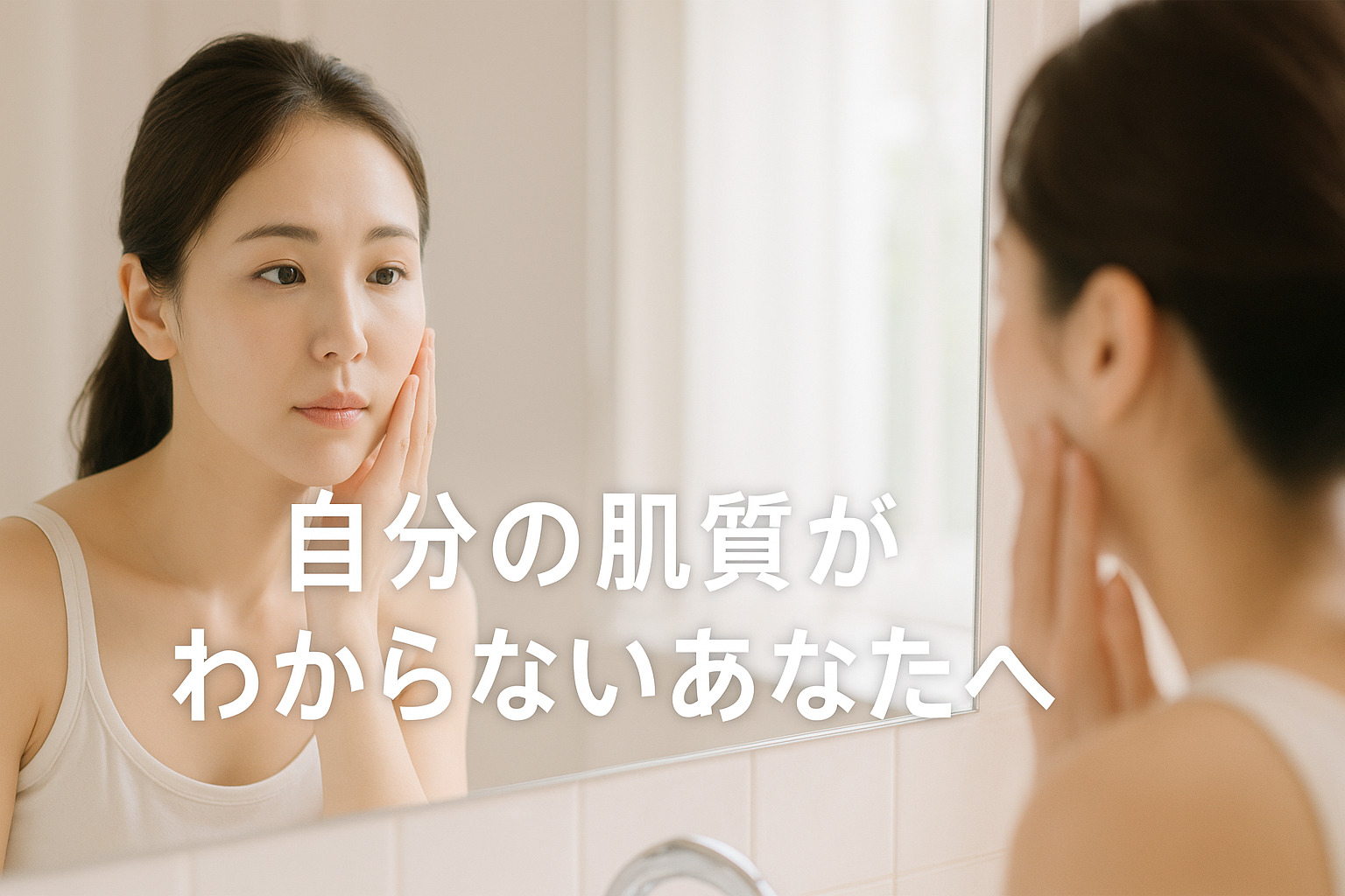 洗面台の鏡の前で自分の肌を見つめる若い女性の写真。肌質のセルフチェックと医師のアドバイスを紹介する美容クリニックのブログ用