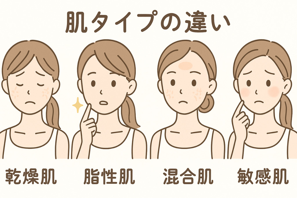 4タイプの肌質（乾燥肌・脂性肌・混合肌・敏感肌）を比較したイメージ