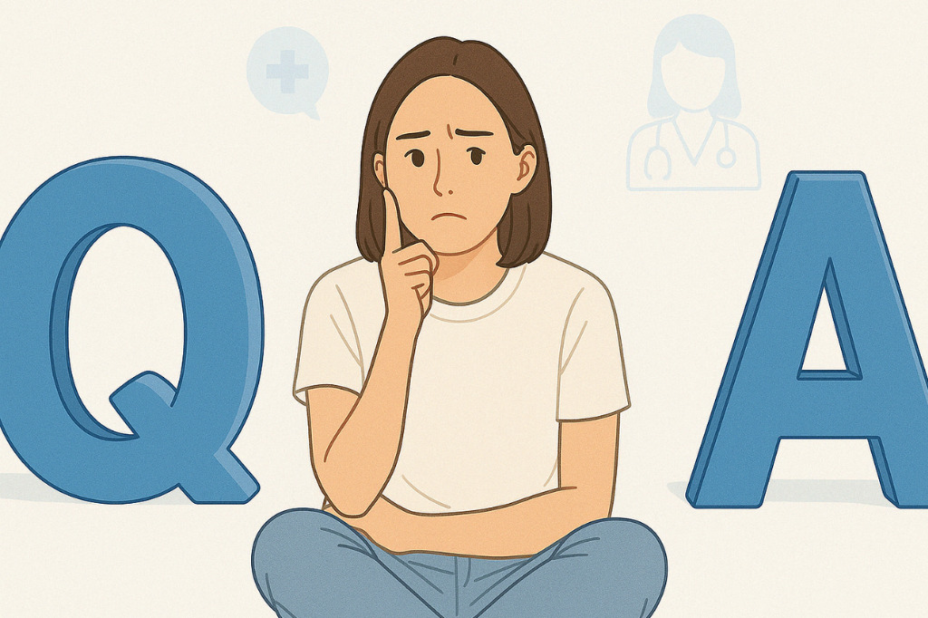大きなQとAの間で、ニキビについて悩んでいる表情を見せる女性、よくある質問と回答のイメージビジュアル