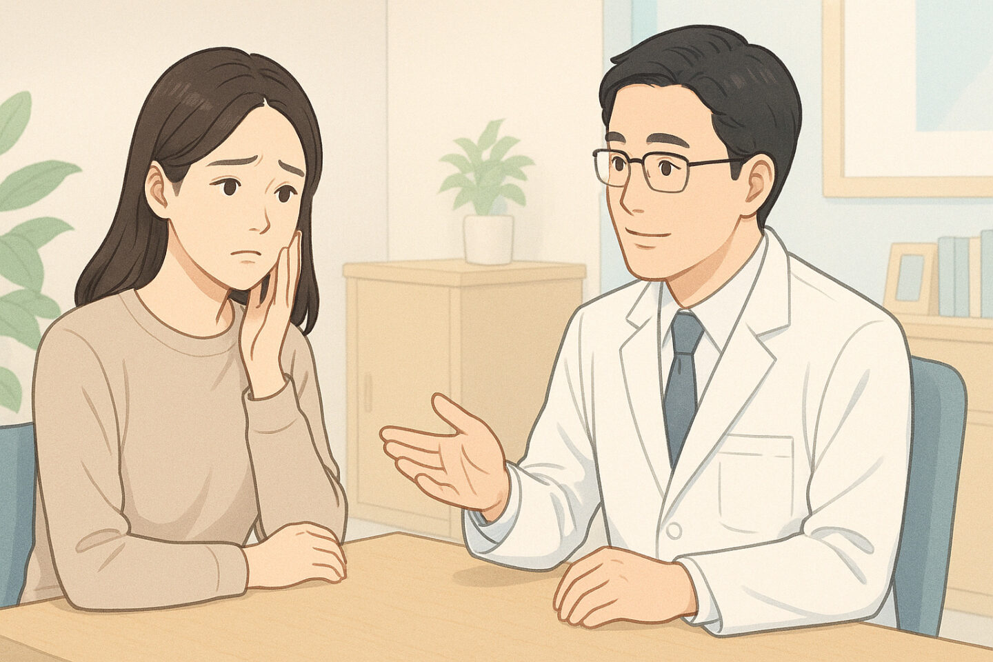肌の悩みを抱えて医師に相談している女性のイメージ