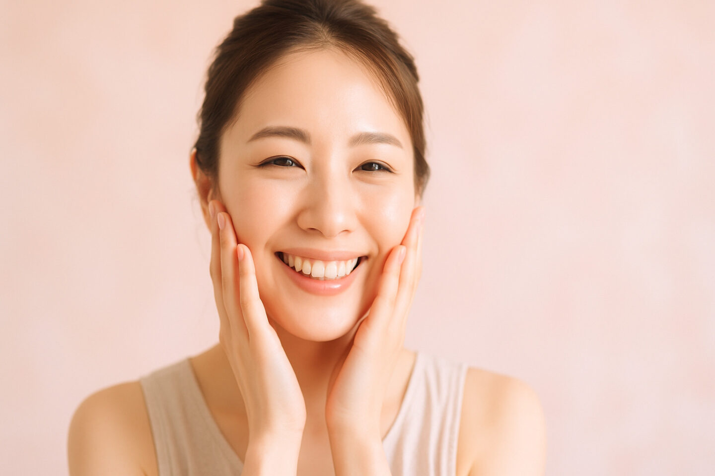 自分の肌質を理解してスキンケアした後、肌が整って嬉しそうな女性