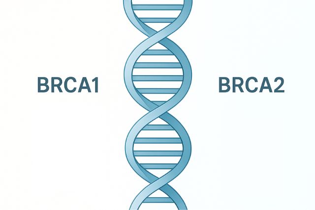 DNAの二重らせん構造と、BRCA1・BRCA2の遺伝子アイコンが描かれた医療イラスト