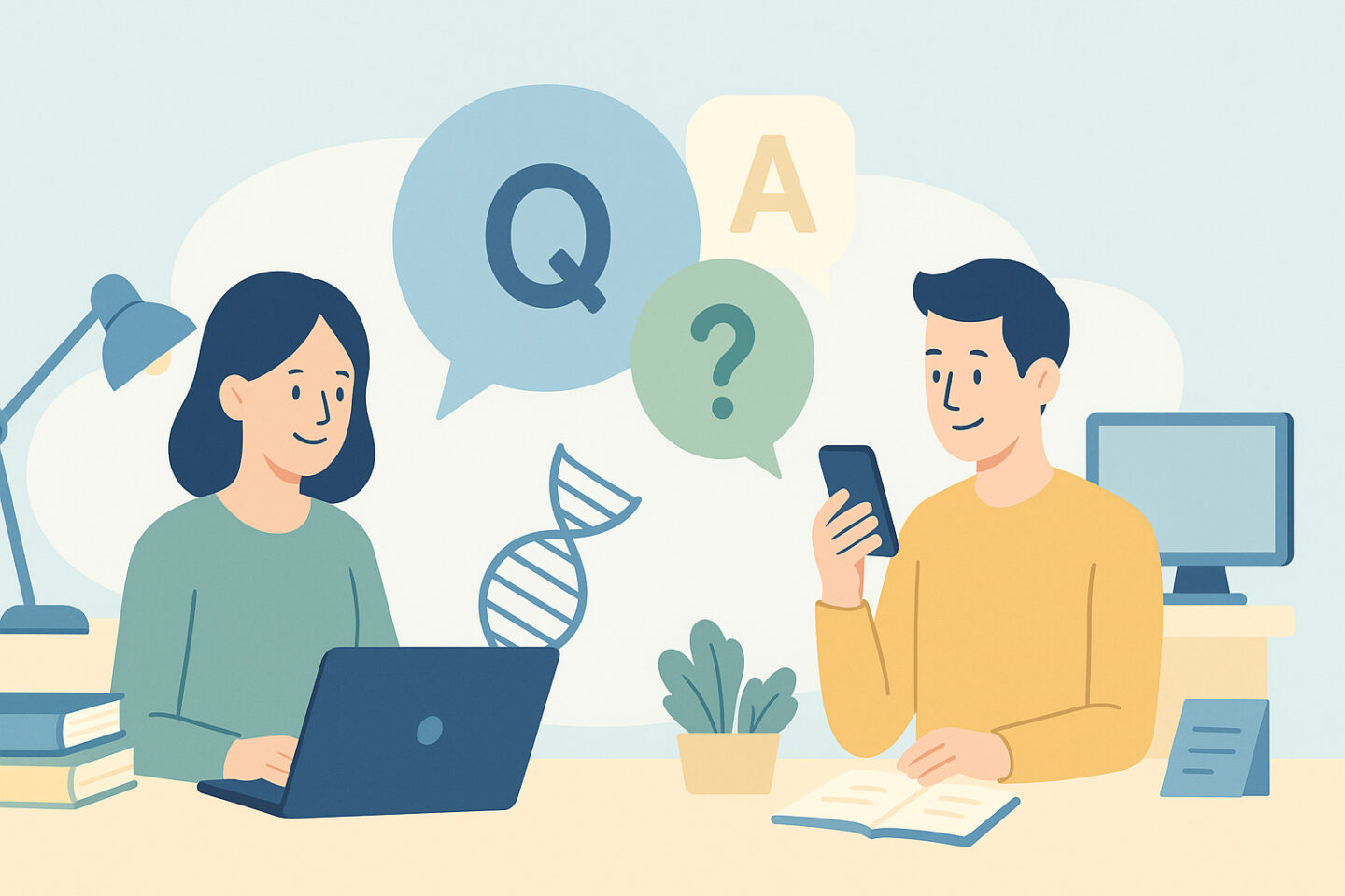 よくある質問（FAQ）を象徴するイラスト。質問吹き出しと、情報を検索・相談する人々