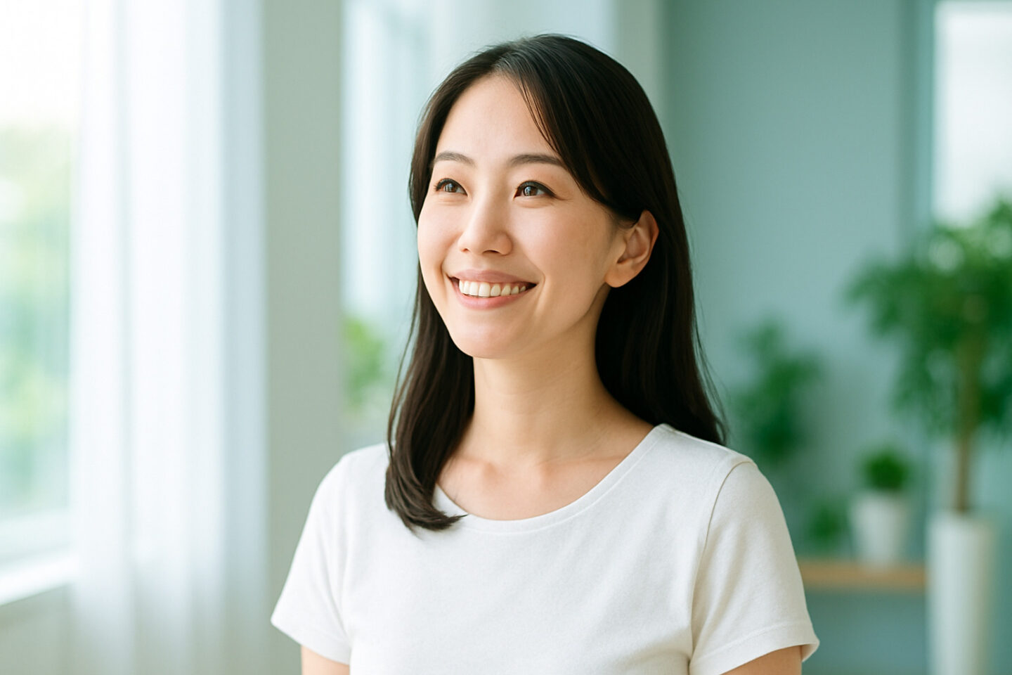 腋窩多汗症の治療を終えて前向きな気持ちになった日本人女性が、未来を見据えてほほ笑んでいる実写風のイメージ。