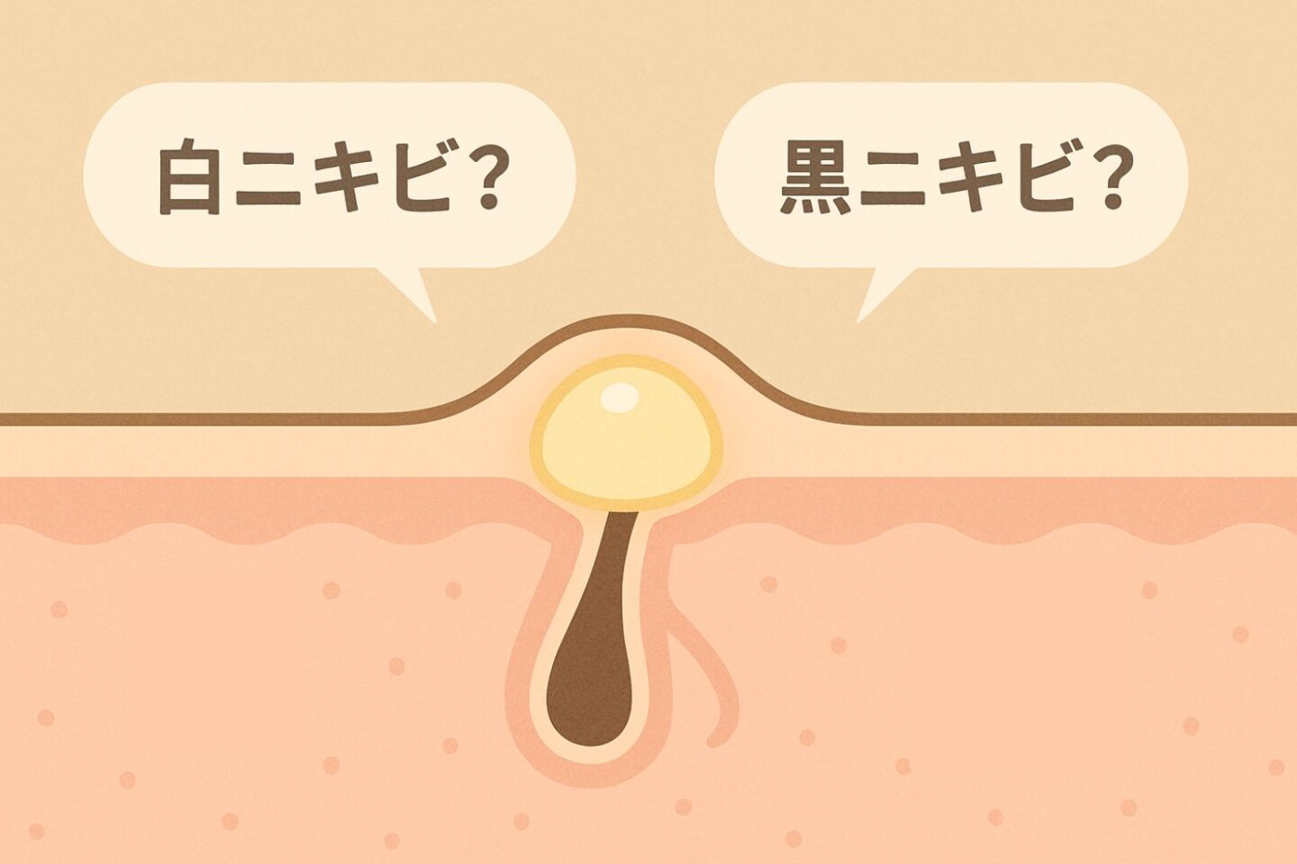 皮膚断面図のニキビの周囲に『白ニキビ？』『黒ニキビ？』という吹き出しが浮かぶ説明イラスト