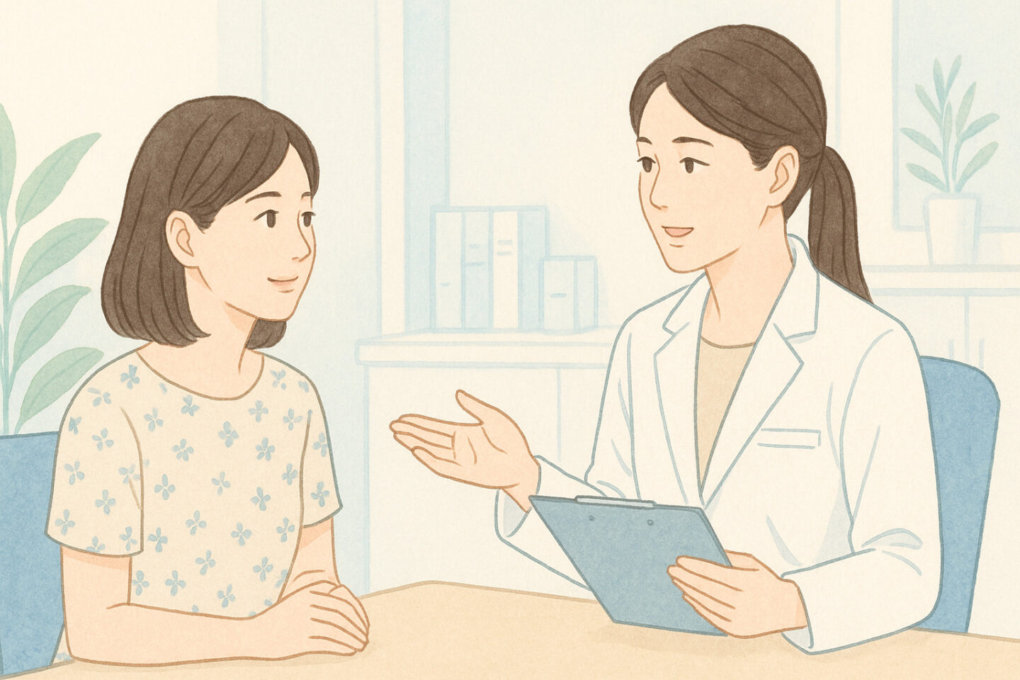 美容皮膚科で女性が医師からカウンセリングを受ける様子