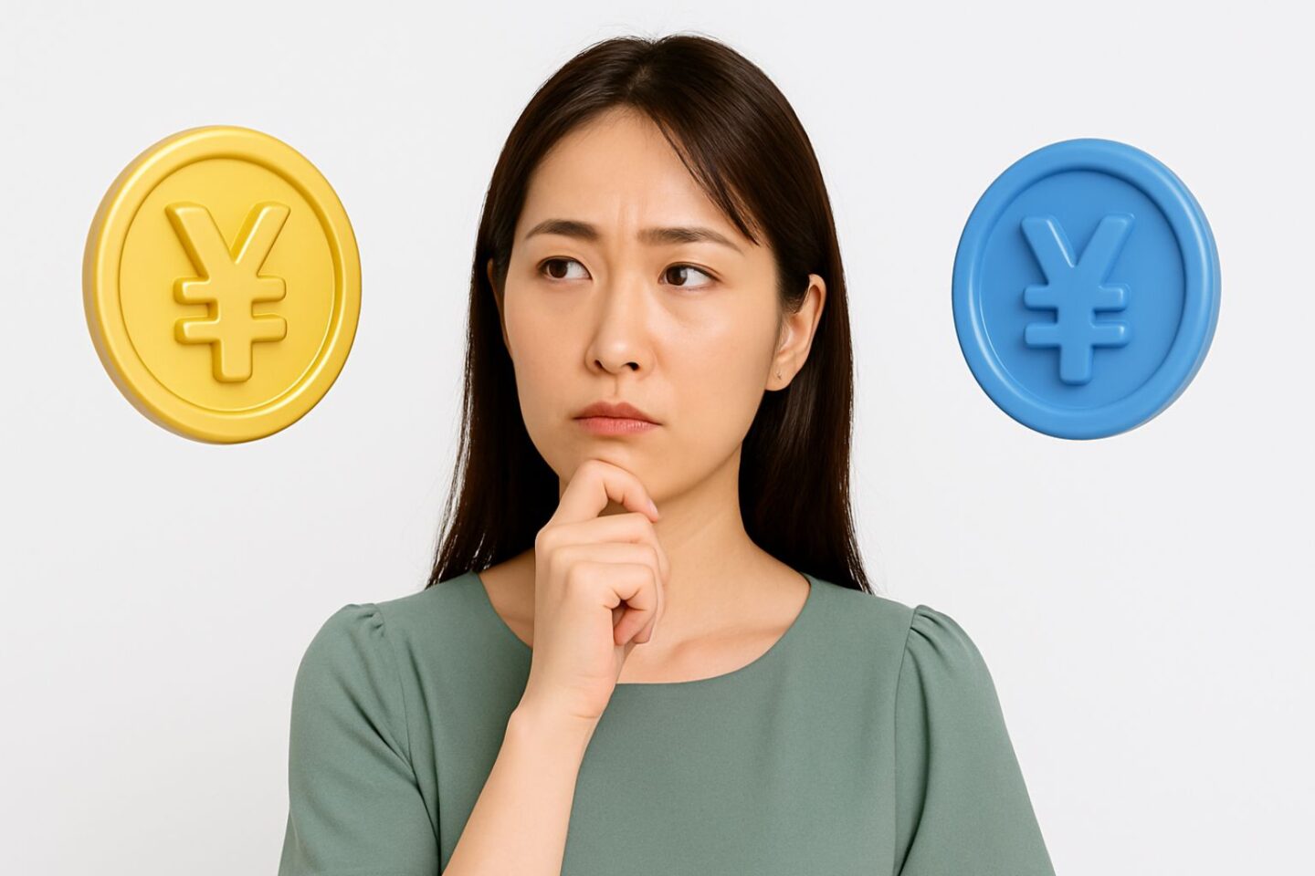 ハイフ料金の比較に悩む女性と、3D風の金額マーク
