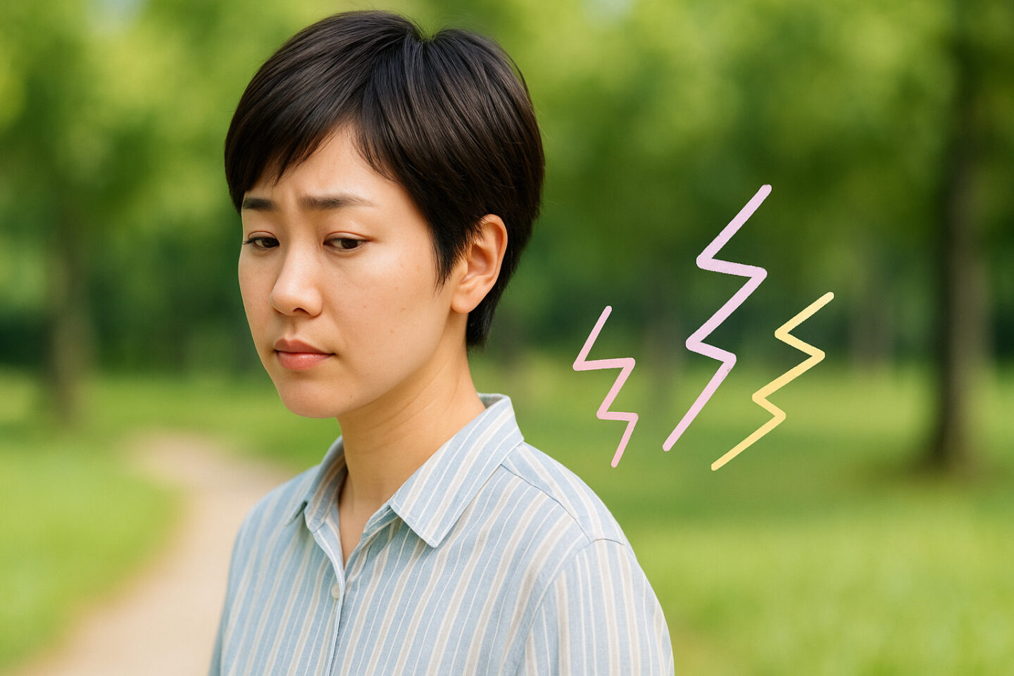 女性が背中を気にしてる様子。背中近くにパステルカラーのジグザグで刺激を表現した実写風画像。