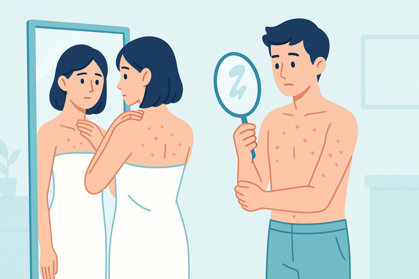 若い男女がそれぞれ鏡を使って背中や胸、腕などのニキビを確認しているイラスト。