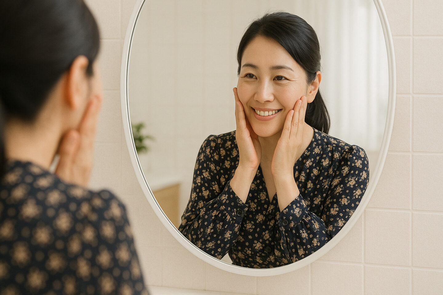 ハイフ施術後、自宅の鏡の前で自分の肌を確認し、満足そうに微笑む女性