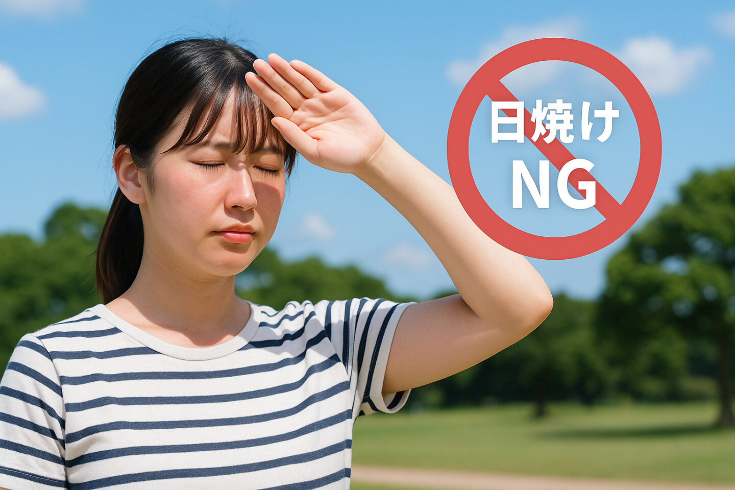 プラズマ治療前に避けるべき日焼けを表す女性。上空にNGマーク。