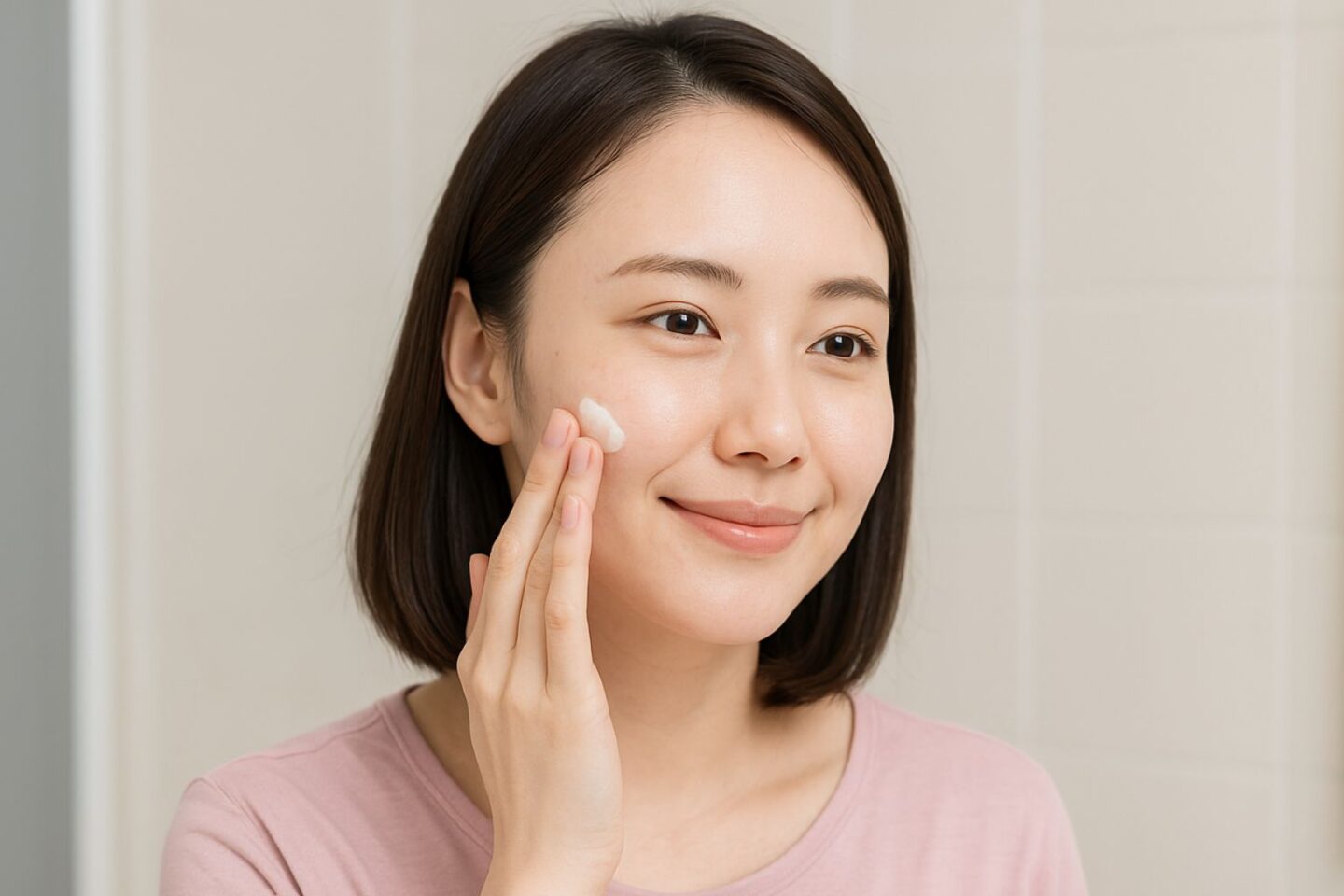 ニキビ痕のある女性がやさしく保湿ケアをしている様子