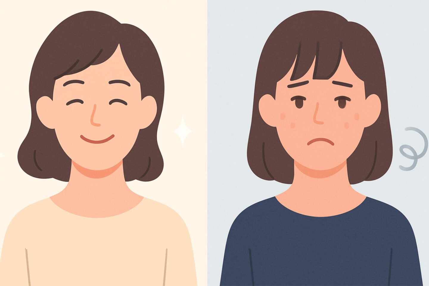 左に満足そうな女性、右に不満そうな女性を描いたプラズマ治療の効果比較イラスト