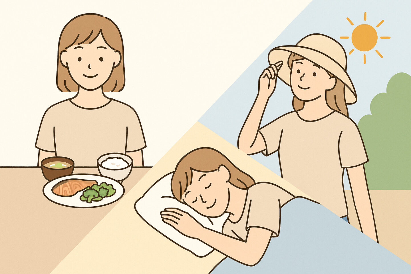 バランスの良い食事、紫外線対策の帽子、十分な睡眠を通じてニキビ痕ケアを実践する女性のイラスト