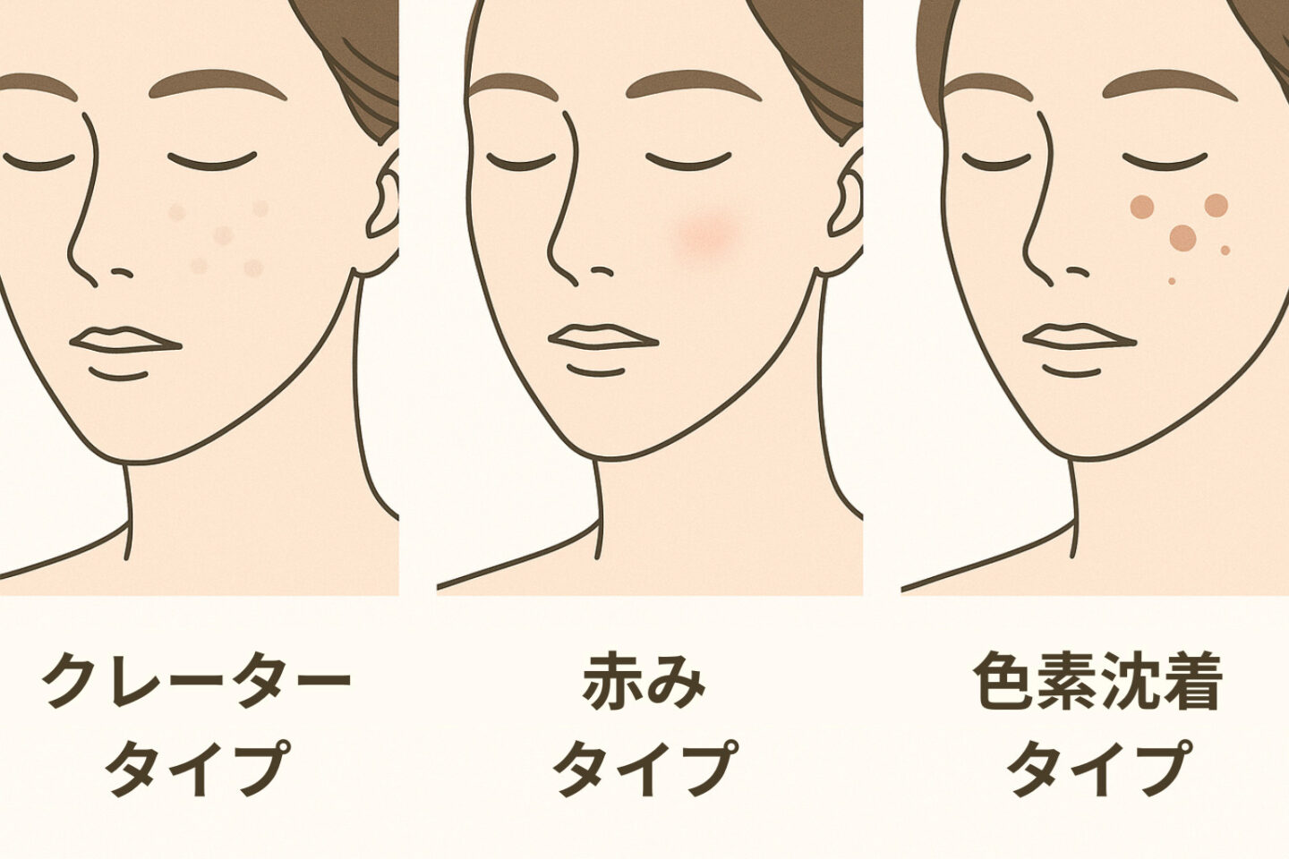 クレーター・赤み・色素沈着の3種類のニキビ痕を図解したイラスト