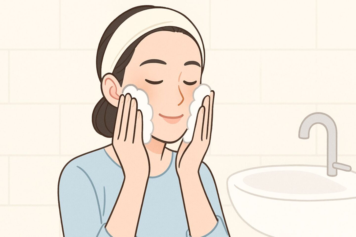 毛穴の開き対策として泡洗顔を行う女性のスキンケアイラスト