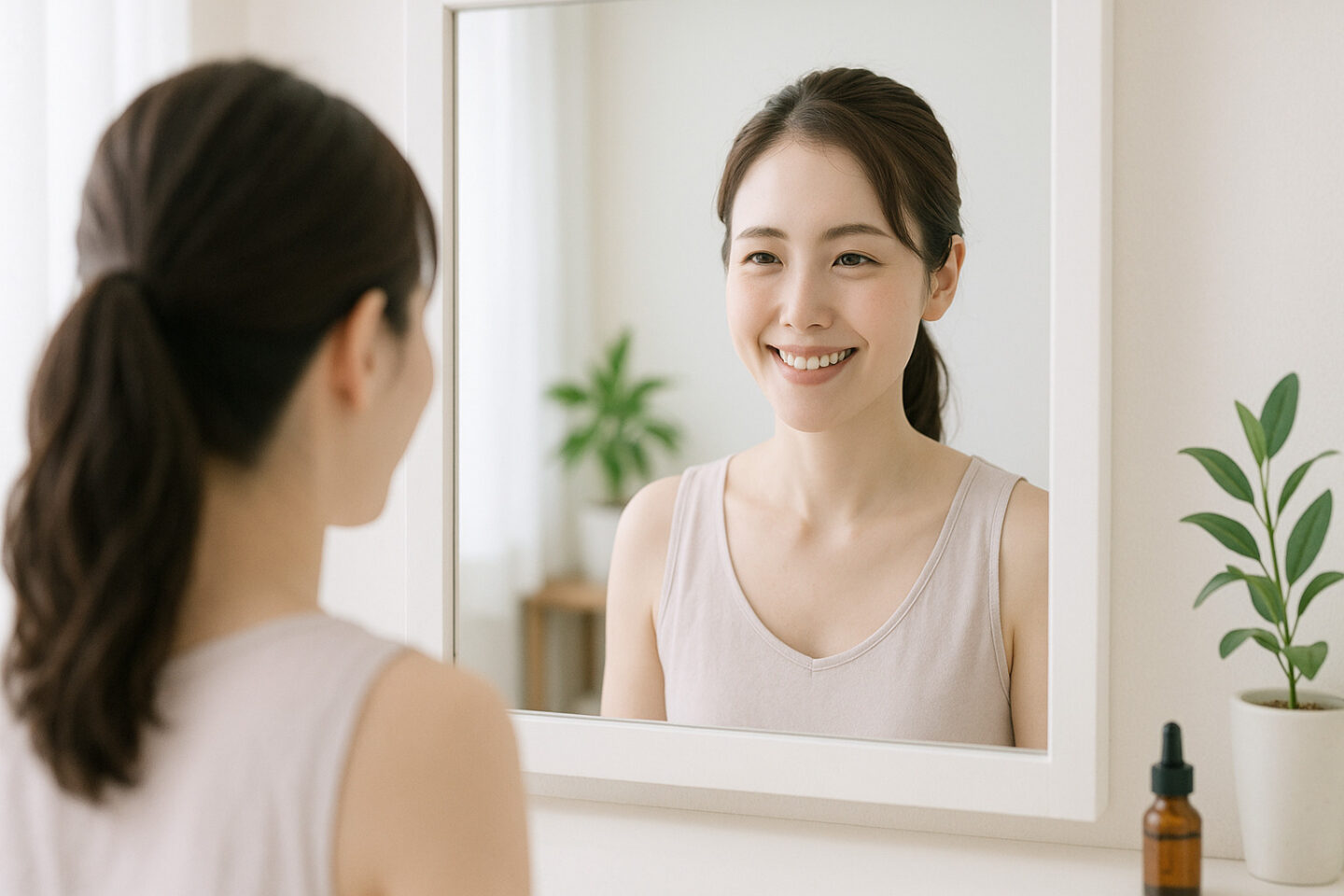 鏡の前で肌の調子を確認し笑顔を見せる女性｜大人ニキビの予防と美肌ケアの成功例