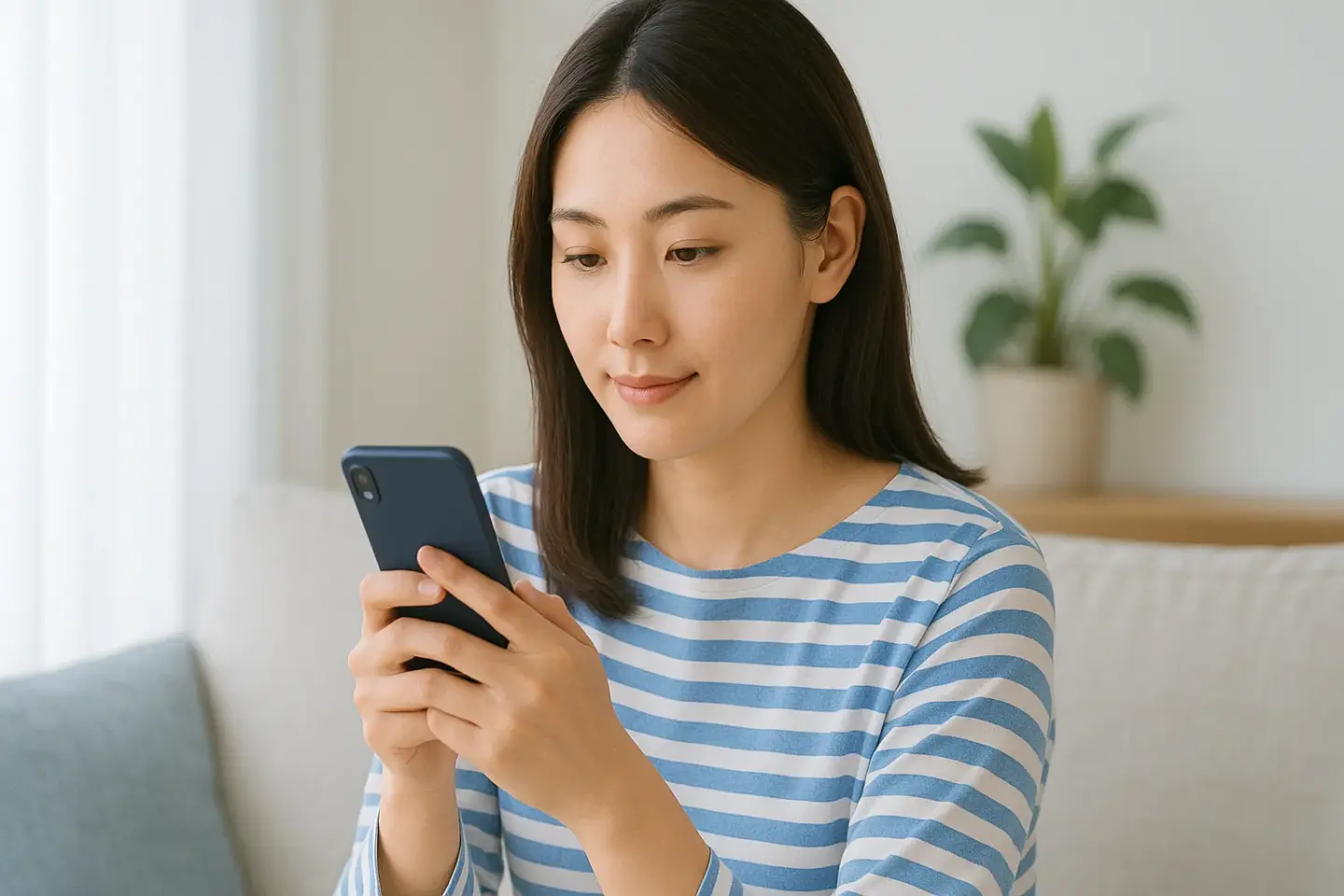 スマートフォンで名古屋のピーリング施術を調べる女性。自分に合う医療ピーリングの種類を比較検討しているイメージ。