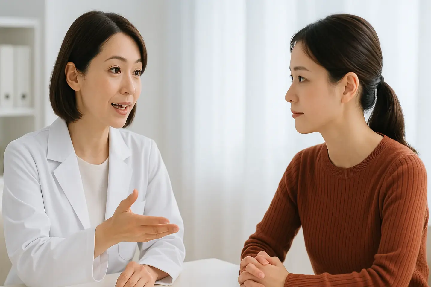 名古屋・名駅で肝斑治療のカウンセリングを受ける女性と医師の相談風景|信頼できるクリニック選びのポイント