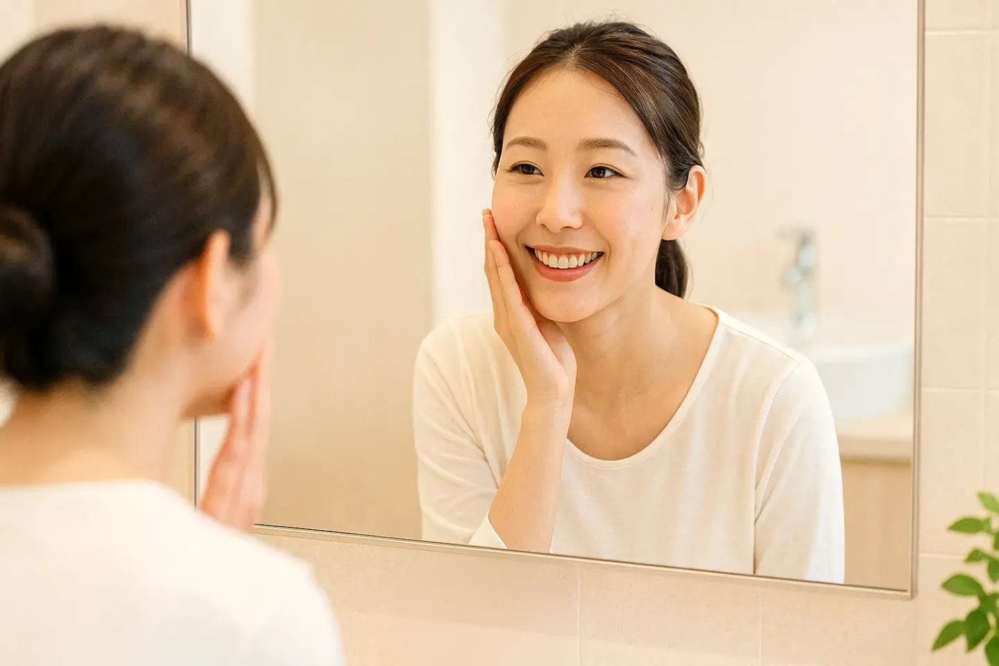 ピーリング施術後の明るく透明感のある肌を鏡で確認する女性。名古屋で自分に合った医療ピーリングを見つけて笑顔になるイメージ。