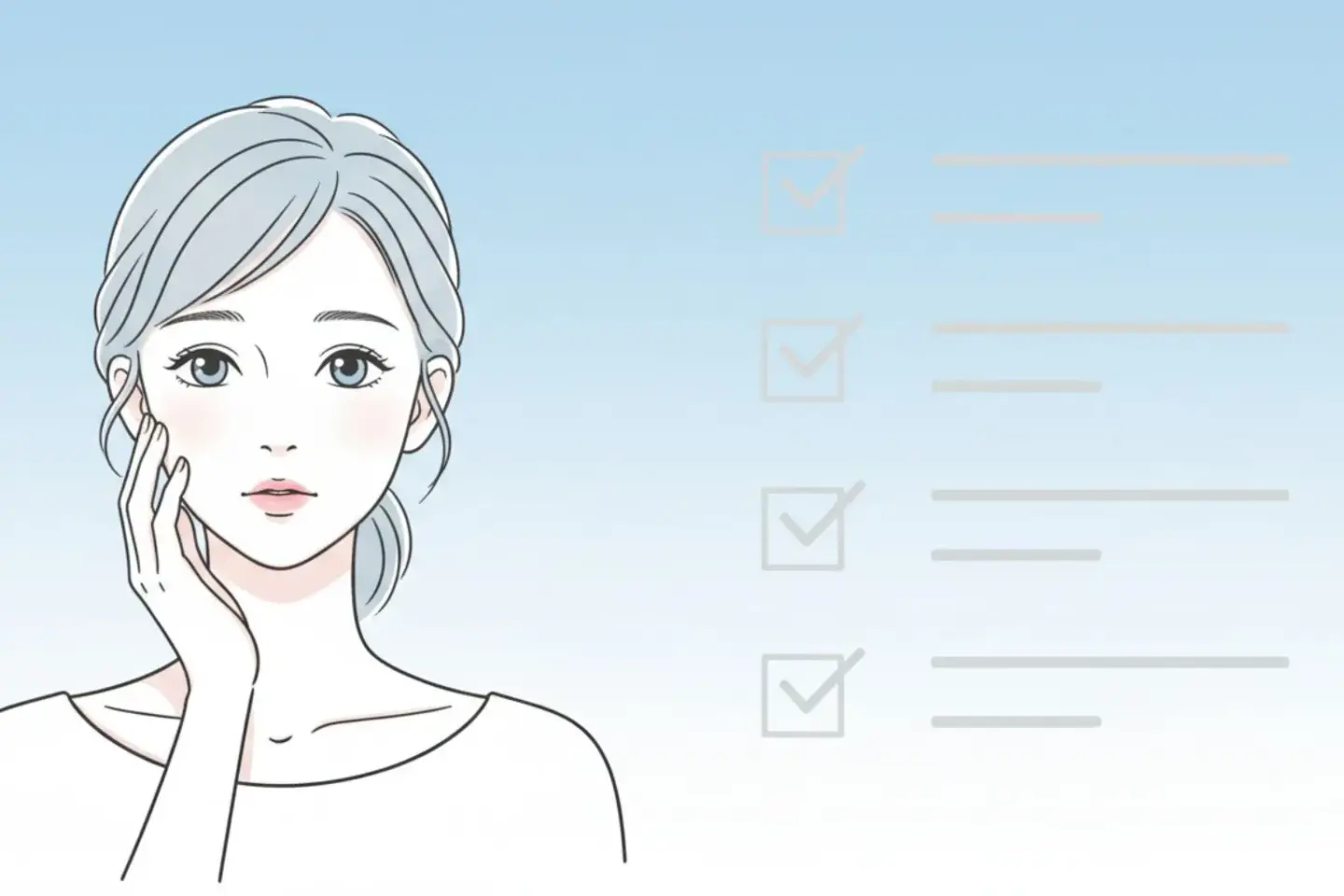 ニキビ跡の症状や治療法を確認する女性のイラスト