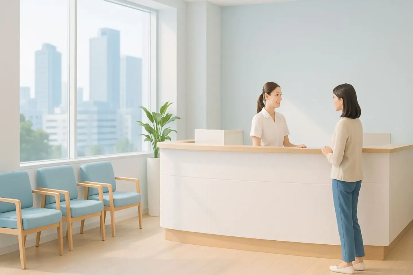 名古屋の美容クリニック受付でスタッフと話す来院者の様子
