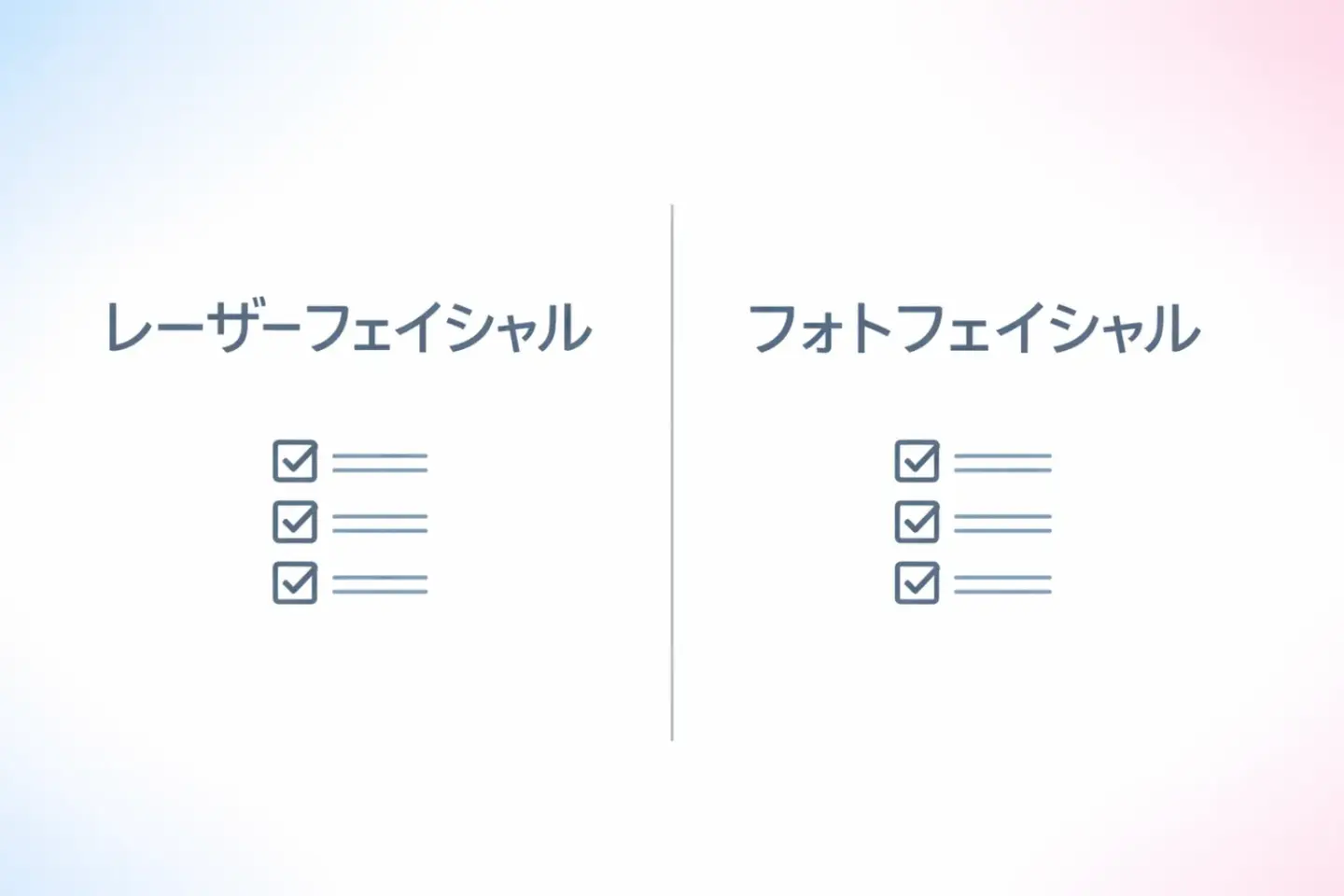 レーザーフェイシャルとフォトフェイシャルの違いをチェックリストで比較したイメージ図
