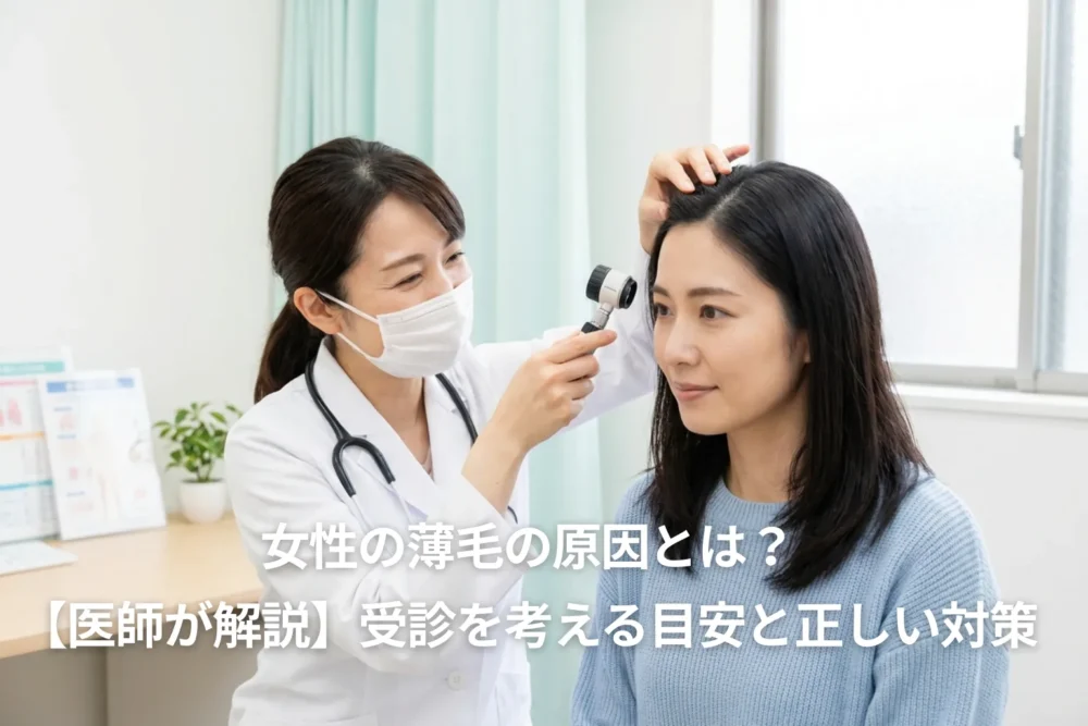 女性の薄毛の原因について医師が頭皮を診察しながら解説している様子