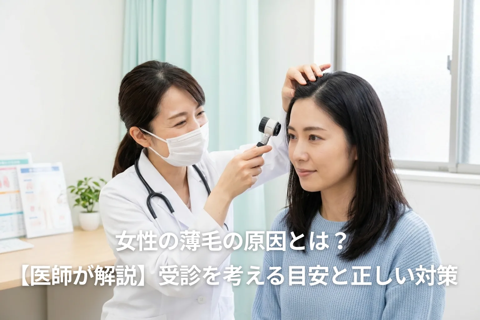 女性の薄毛の原因について医師が頭皮を診察しながら解説している様子