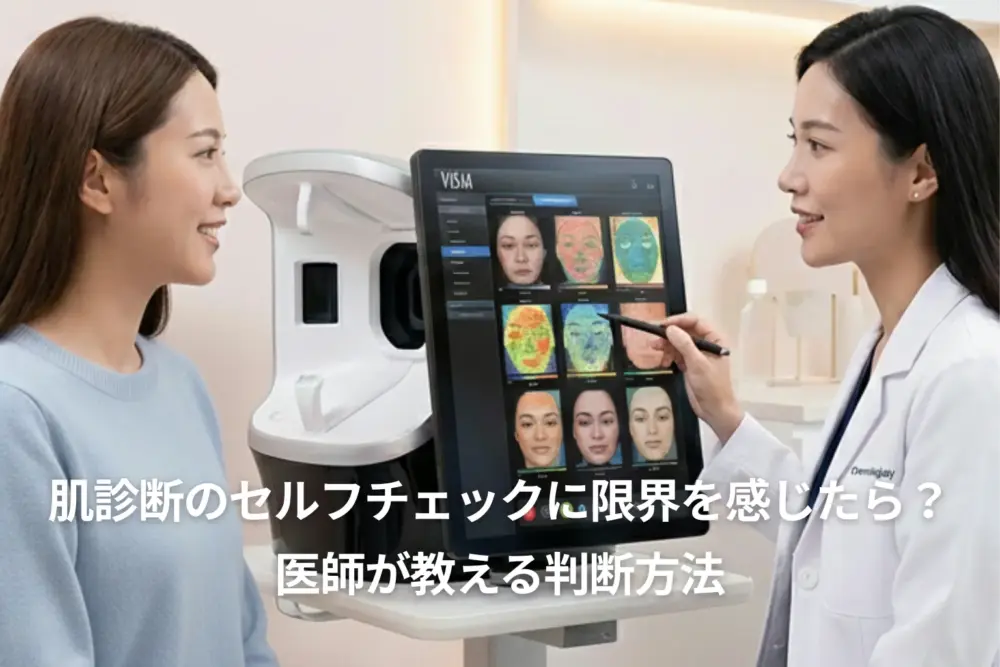 肌診断のセルフチェックに限界を感じた女性が、医師とVISIA肌診断で肌状態を確認している様子