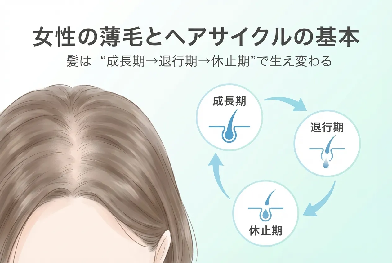 女性の薄毛の原因となるヘアサイクル（成長期・退行期・休止期）の仕組みを示した図解