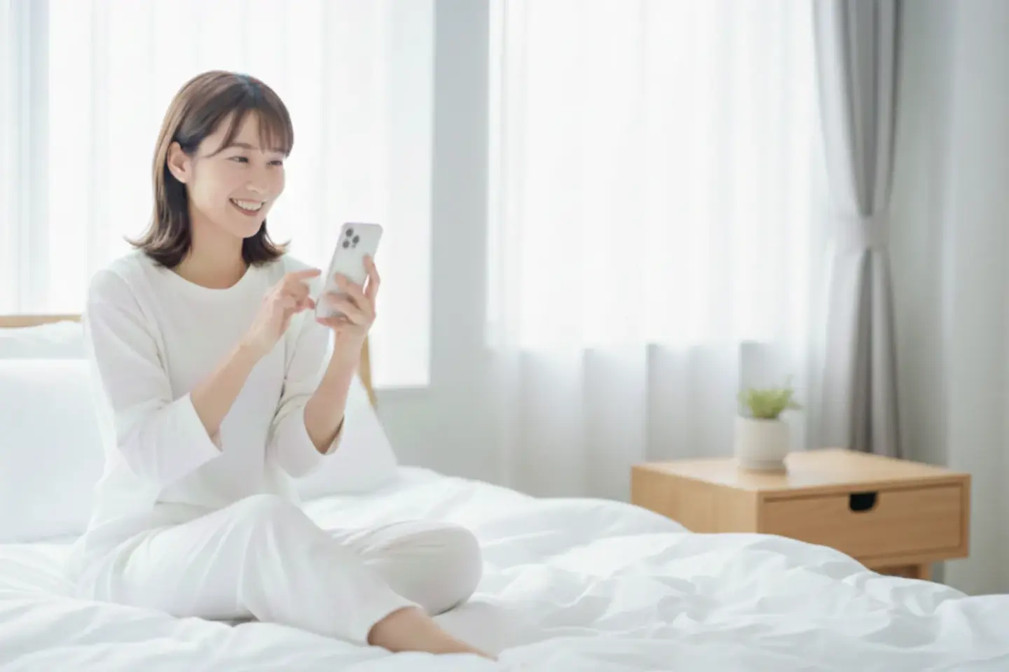 自宅でスマートフォンを使い、肌診断をセルフチェックしている女性の様子