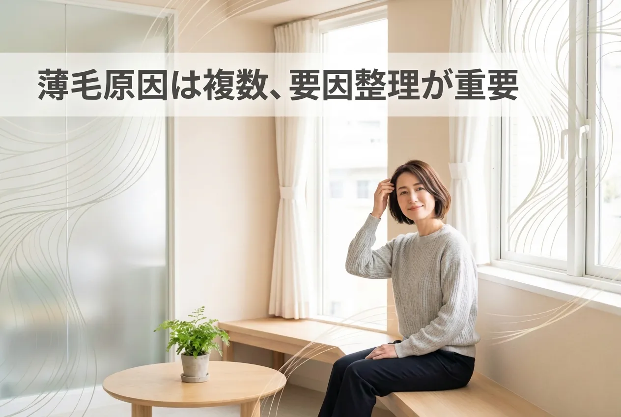 女性の薄毛は原因が複数あるため、要因を整理して向き合うことの大切さを表したイメージ