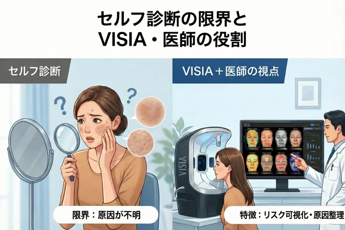 セルフ肌診断の限界と、VISIAによる肌診断を医師が解析する違いを比較したイラスト