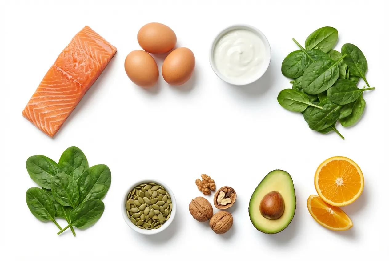 女性の薄毛の原因となる栄養不足に関係するタンパク質や鉄分、ビタミンを含む食品のイメージ