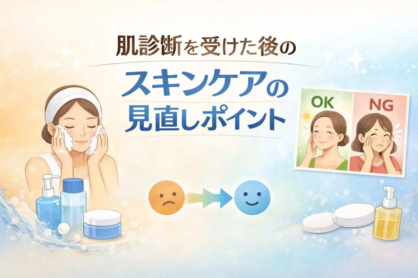 肌診断を受けた後に行う、正しいスキンケアの見直しポイントを示したイラスト