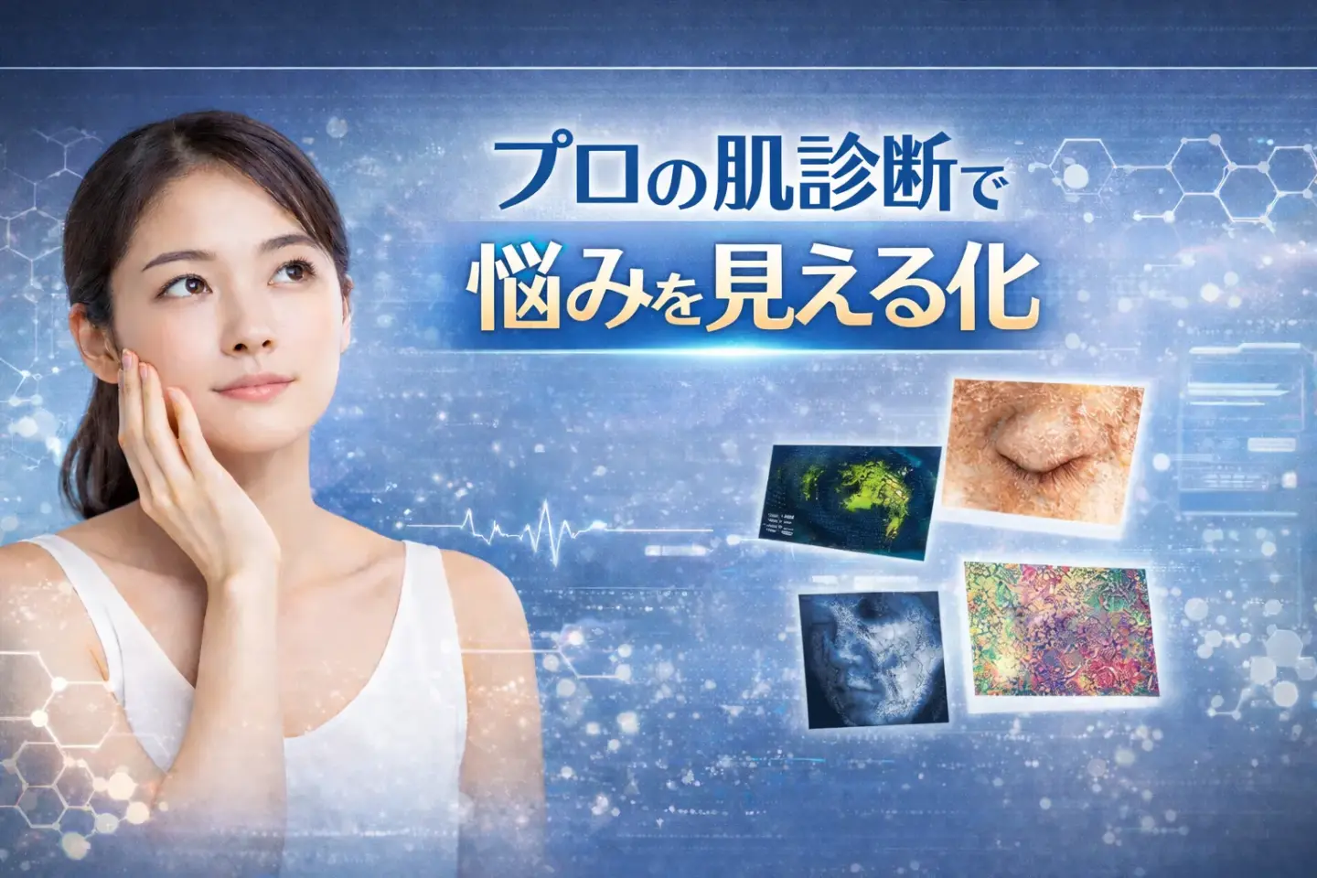 プロによる肌診断で、セルフ肌診断では分かりにくい悩みを可視化するイメージ