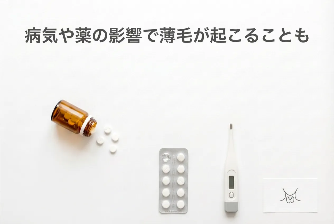 病気や薬剤の影響によって女性の薄毛が起こる可能性を示した医療イメージ