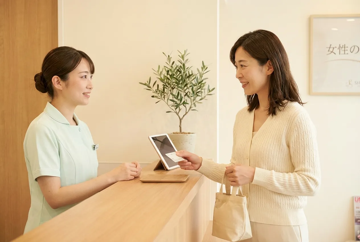 女性が皮膚科の受付で薄毛の相談を行っている様子を表した医療相談イメージ