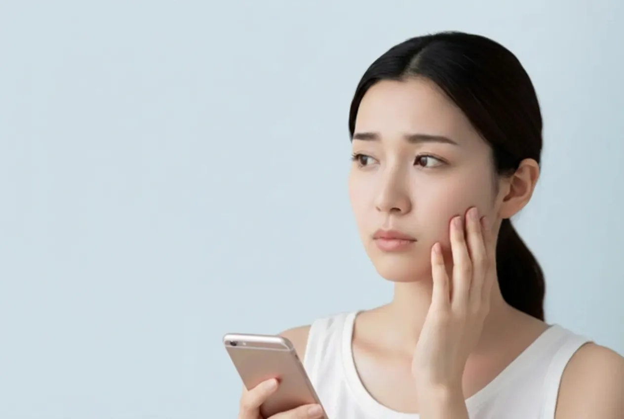 スマホでセルフ肌診断を確認しながら、結果に違和感を覚えて考え込む女性
