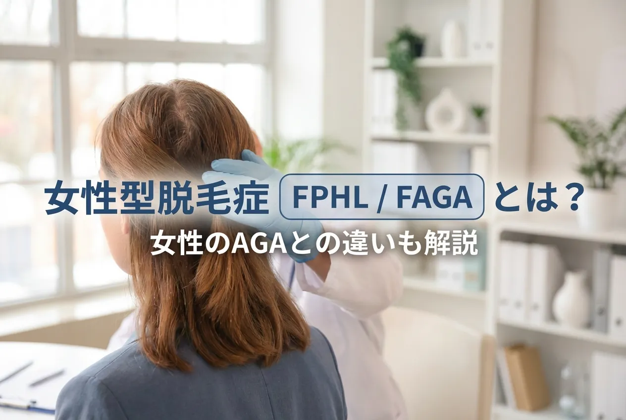 女性型脱毛症（FPHL／FAGA）の診察で分け目の薄毛を確認する様子