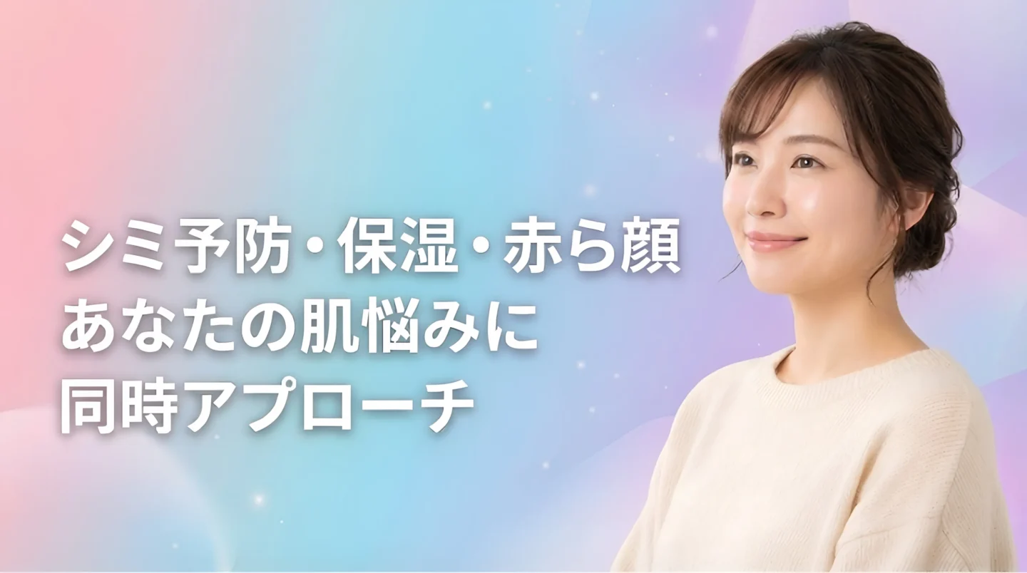 シミ予防・保湿・赤ら顔など肌悩み別に期待できるメソナJの効果をイメージした女性の美容ビジュアル