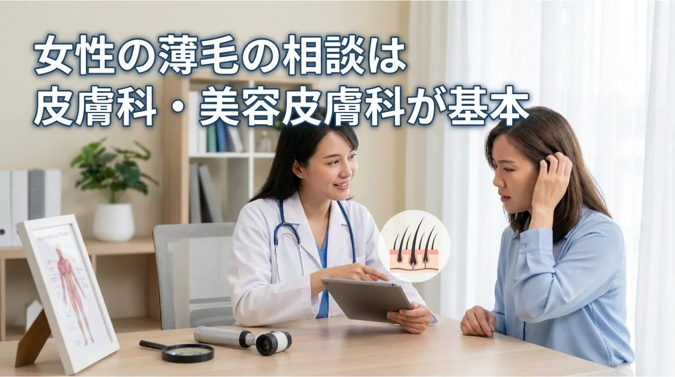 女性の薄毛相談はまず皮膚科や美容皮膚科の受診が基本であることを示すイメージ