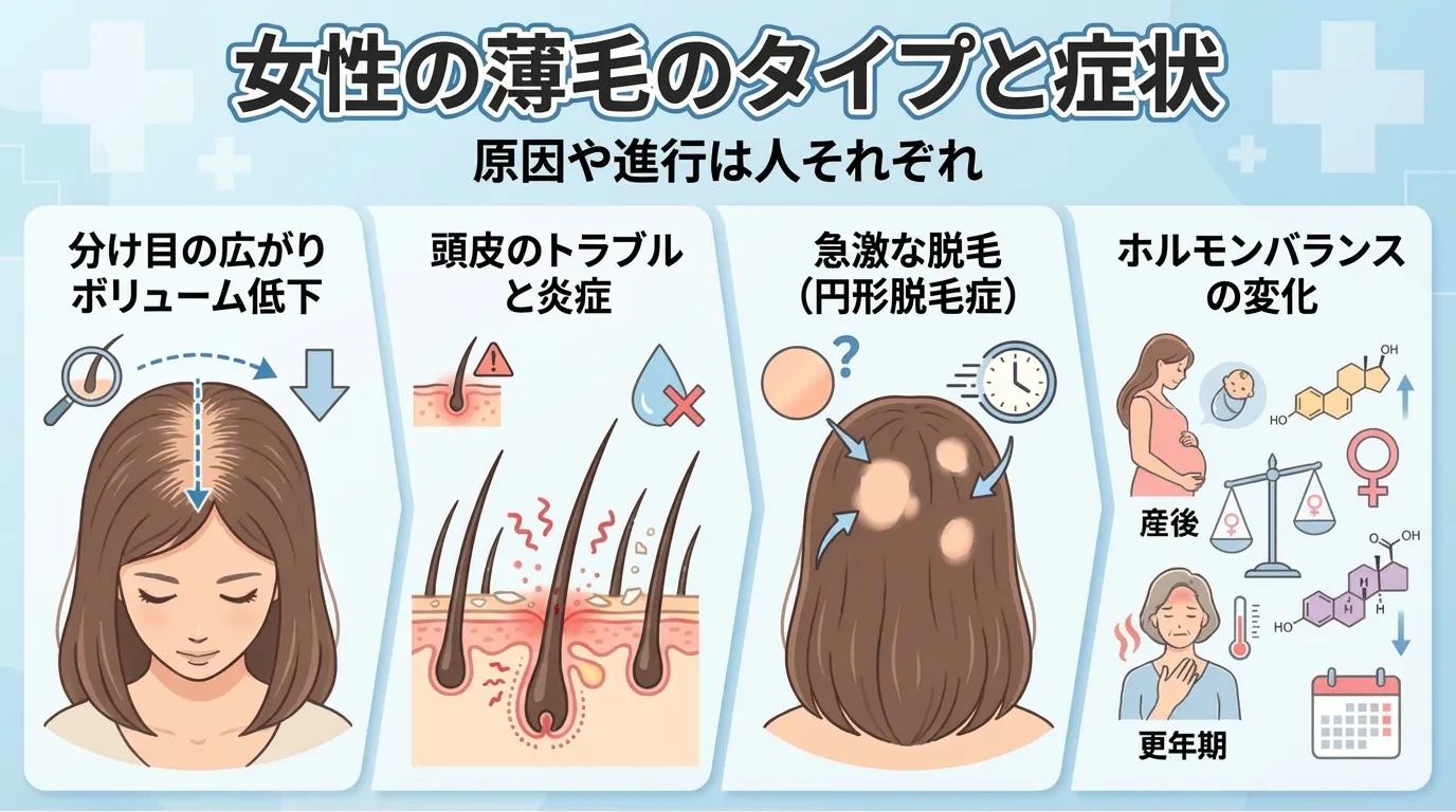 女性の薄毛のタイプや症状の違いとして、分け目の広がり、頭皮トラブル、円形脱毛症、ホルモンバランスの変化を示した図