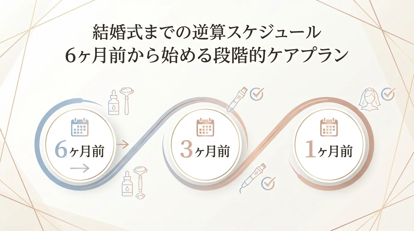 結婚式までの逆算スケジュールとして、美容医療を6ヶ月前・3ヶ月前・1ヶ月前から段階的に進めるケアプランの図解