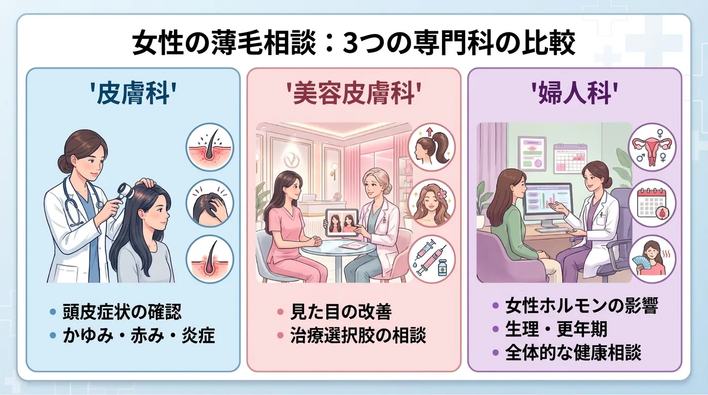 女性の薄毛相談における皮膚科、美容皮膚科、婦人科の違いを比較したイメージ