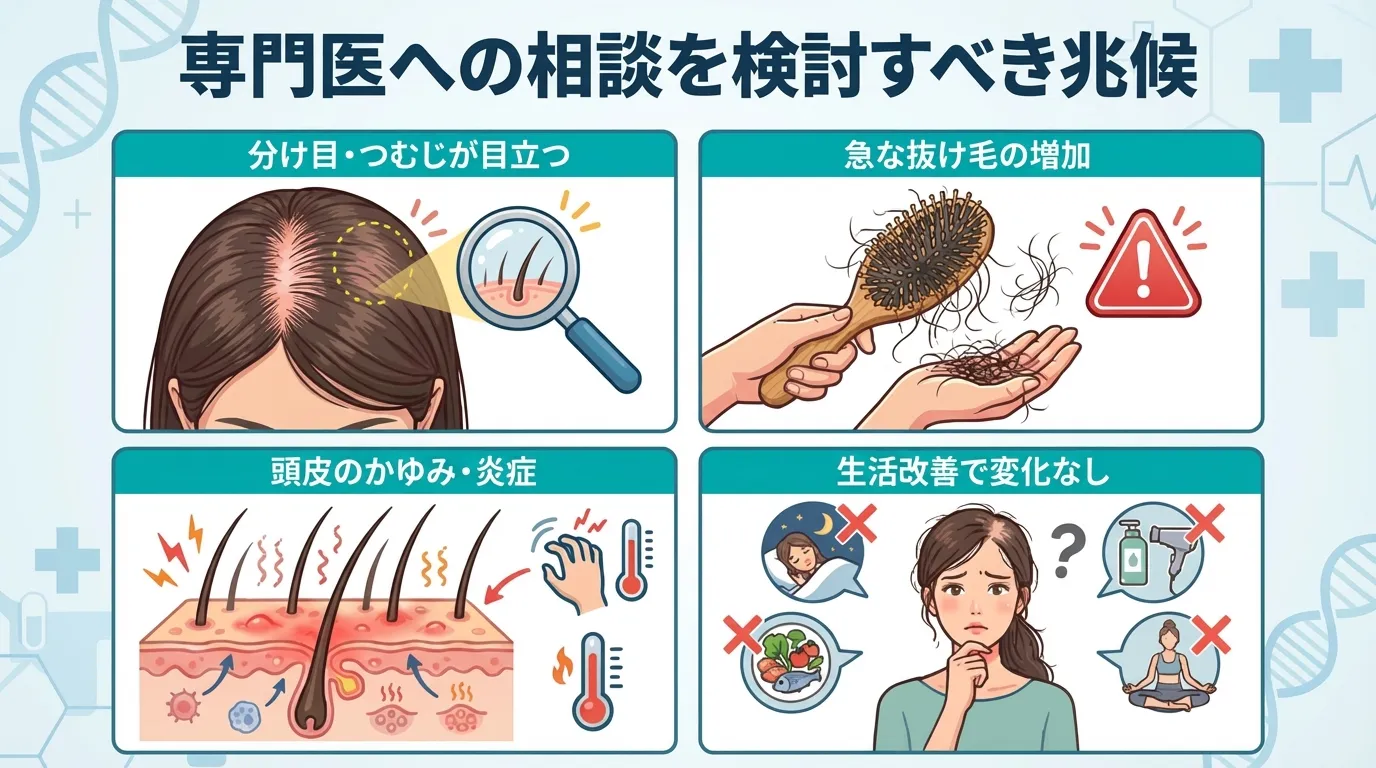 女性の薄毛で専門医への相談を検討すべき兆候として、分け目の目立ち、急な抜け毛、頭皮のかゆみや炎症、生活改善で変化がない状態を示した図