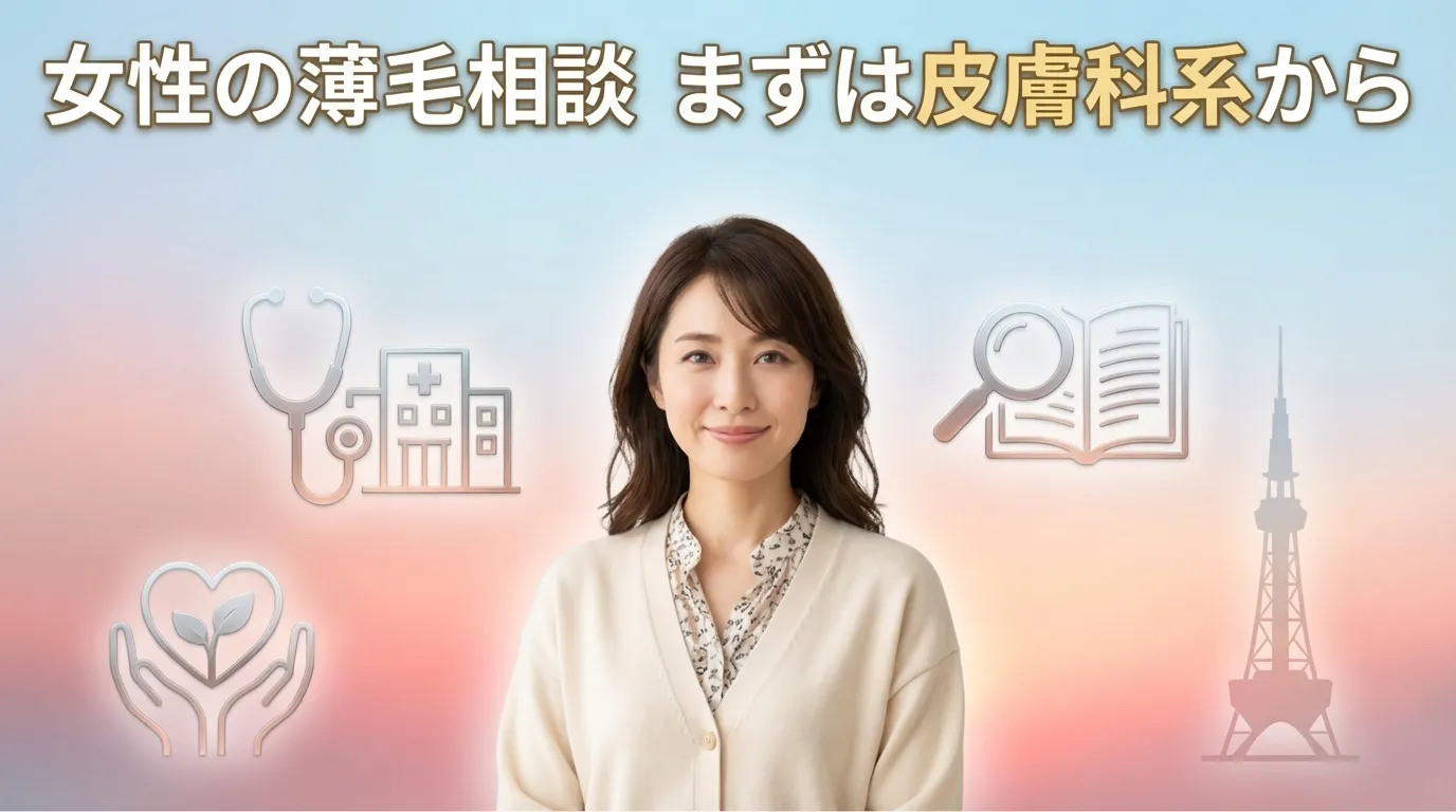 女性の薄毛相談はまず皮膚科系から検討することをまとめたイメージ