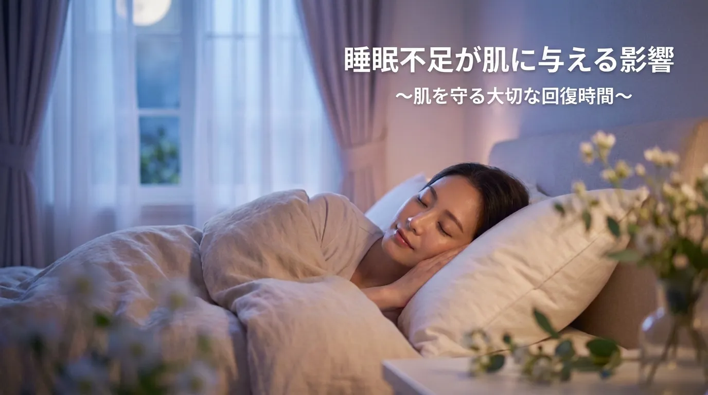 夜のベッドで眠る女性のイメージとともに、睡眠不足が肌荒れやニキビに与える影響を表した見出し画像