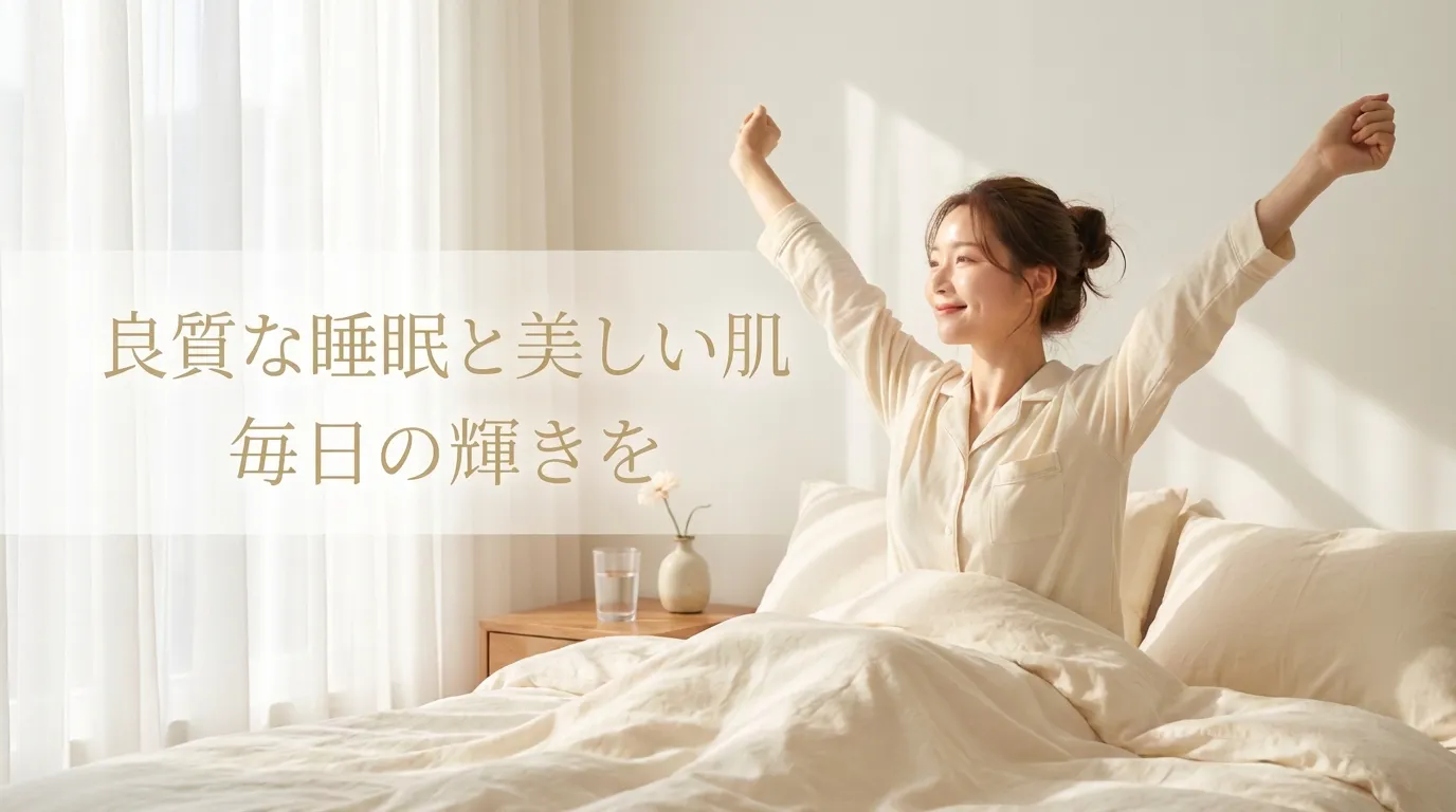 朝のベッドで気持ちよく目覚める女性の様子を通して、良質な睡眠が美肌につながることを表した見出し画像